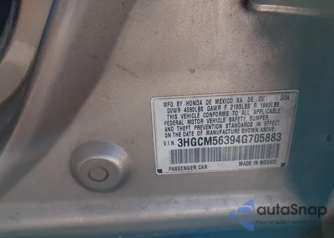 2004 Honda Accord 2.4 Lx from USA, damaged, VIN 3HGCM56394G705883